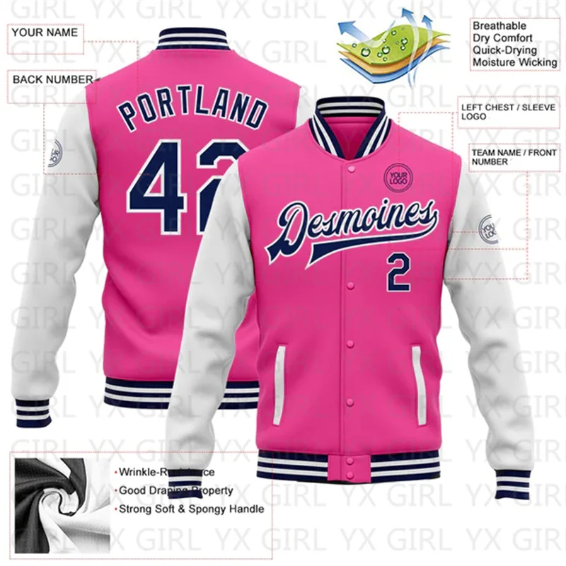 Custom Pink Navy-White Bomber Full-Snap Varsity Letterman Two Tone Jacket