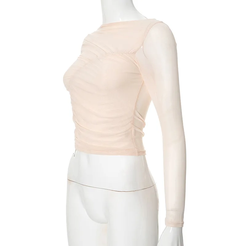 Summer See-Through Mesh T-shirt Top Women Pleated Patchwork See-Through Slim Cropped Top Tee Female Solid T-shirt Pullover