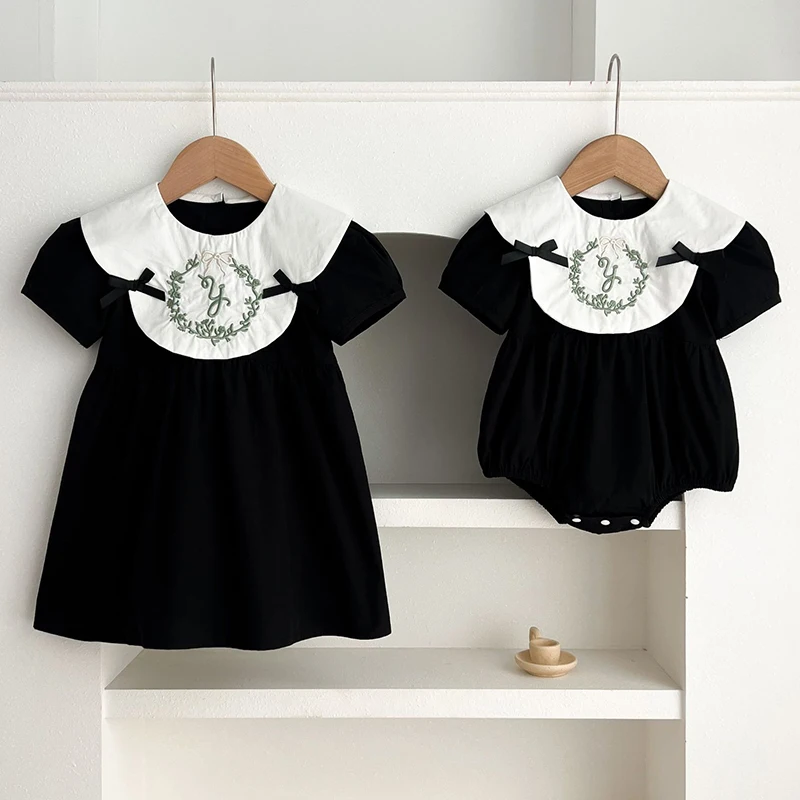 2025 Sister Clothes Baby Girl Dress Bodysuit Bow Party Summer Sister Dress Doll Collar Lace Embroidered One Piece Clothes Dress 2