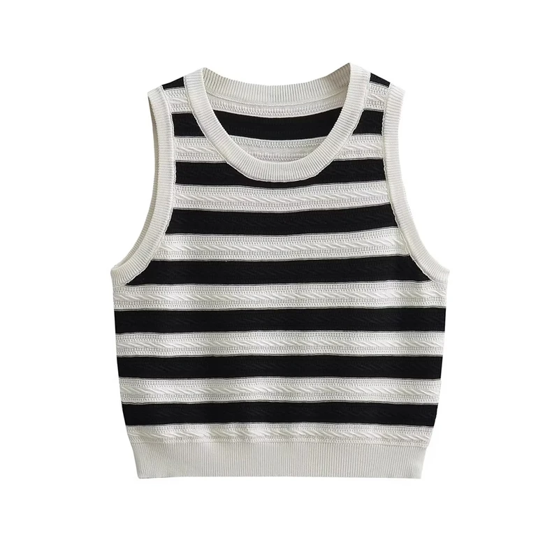 

Summer new round neck sleeveless black and white striped knitted vest fashion simple all-match color contrast knitted tops
