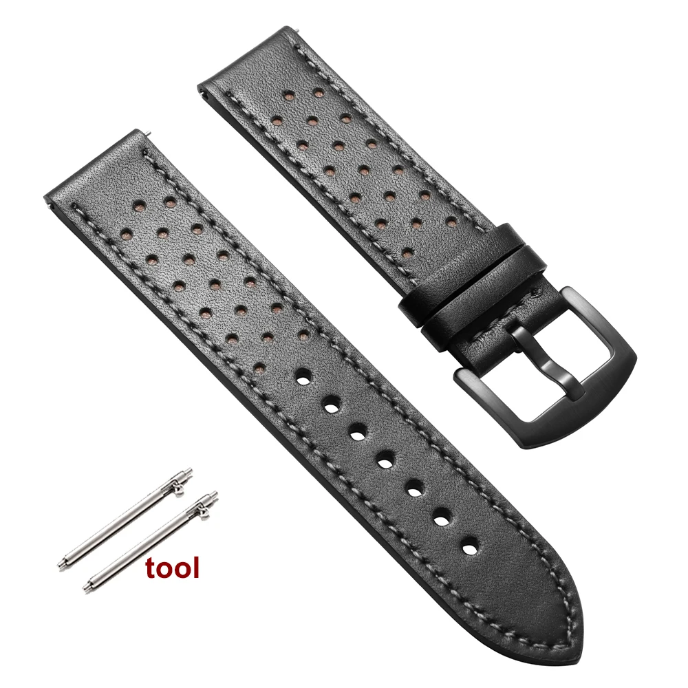 Vintage Handmade Leather Watch Strap - Quick Release, Breathable, Sport Design, Black & Brown, with Pin Buckle