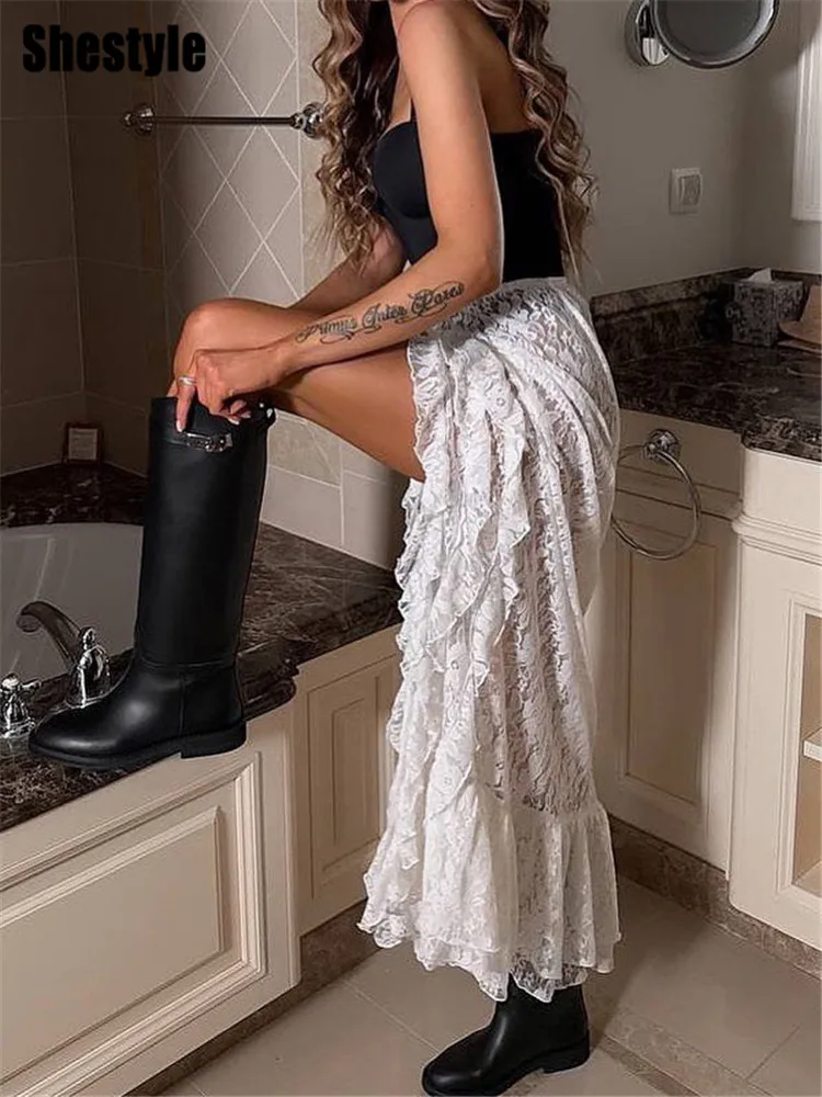 Shestyle Lace Transparent Long Skirts for Women Asymmetrical Floral Ruffles Summer 2025 Nre Stylish Outfits Holiday Slit Elegant 3