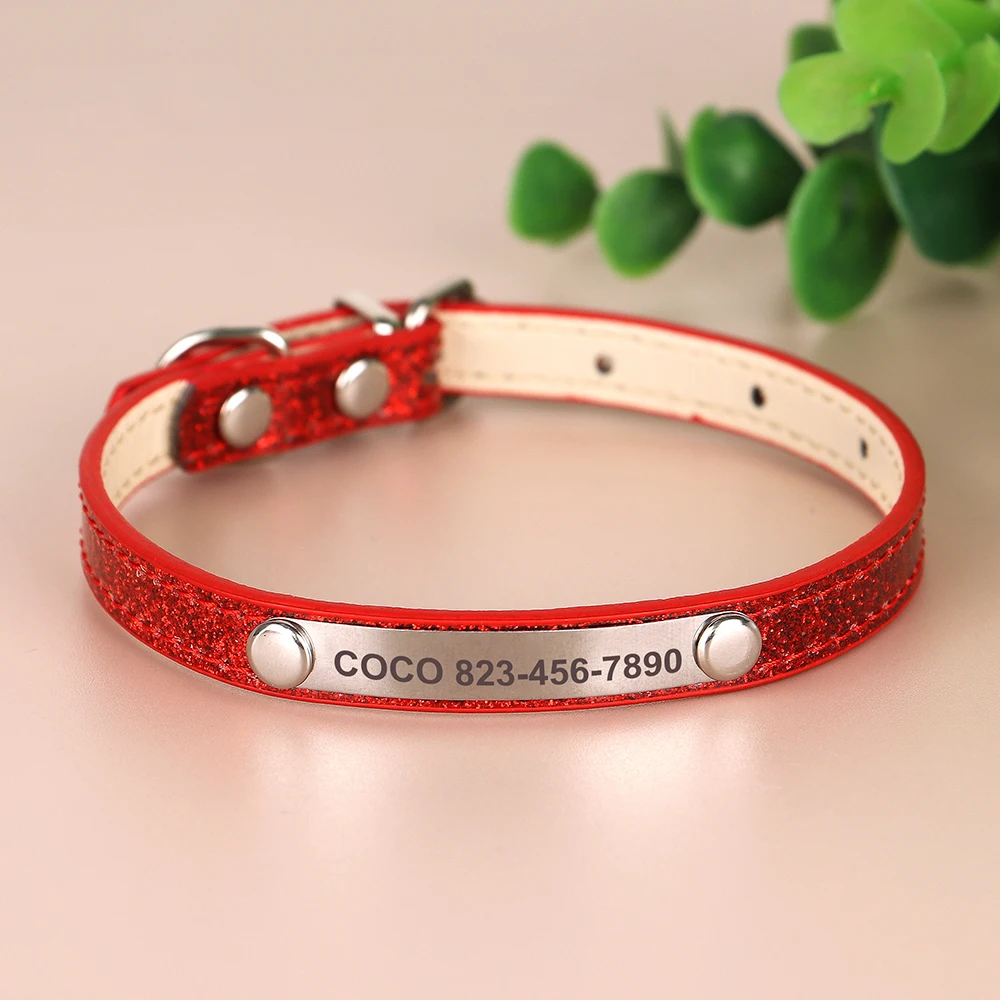 Custom Bling Leather Cat Collar with Engraved ID Nameplate for Cats & Small Dogs