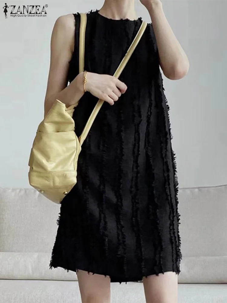 

ZANZEA Korean Style Commuting Mini Dresses Holiday Summer Sundress Sleeveless Sexy Robe Vintage Women Textured O-neck Tank Dress