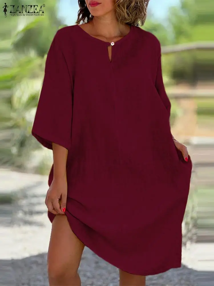 

ZANZEA Fashion Solid Color O-neck Sundress Casual 2023 Summer Midi Dresses Women Loose 3/4 Sleeve Round Neck Oversize Long Dress