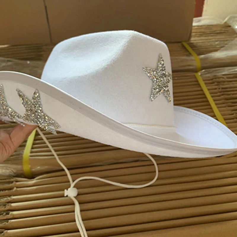 Lightweight Rhinestone Star Fedora Hat for Women Men Breathable Cowboy with Brim Western Jazz Felt Casual Hats F3MD