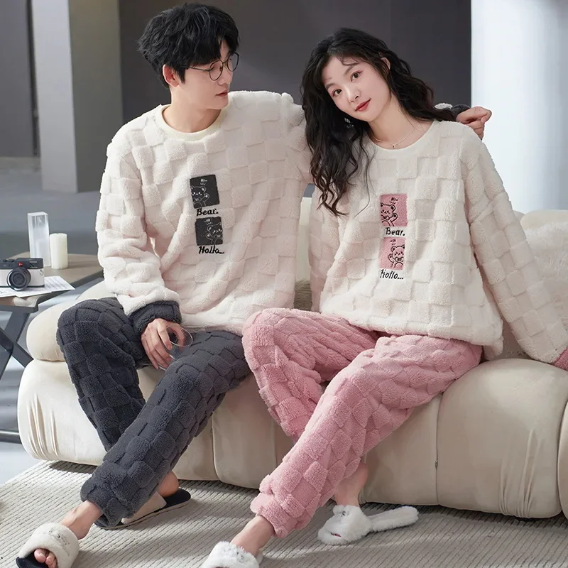 زوجين المرجان الصوف الفانيلا منامة سميكة ملابس المنزل مجموعة لخريف شتاء دافئ ملابس خارجية المتاحة الرجال النساء