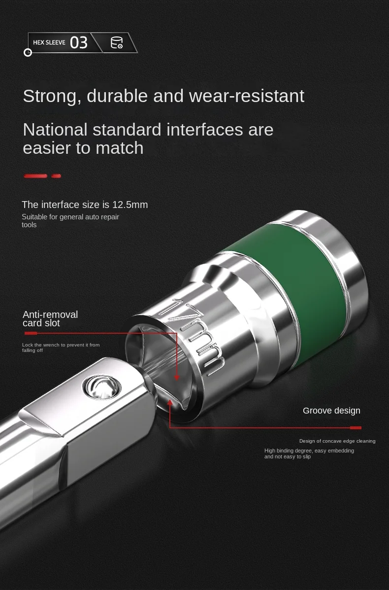 Description Picture 5 of item1/2 Green Belt Hexagonal Socket Heavy Duty Thickened Socket Set Pneumatic Wrench Set Of Nozzles Mechanic Tools Hand Tool