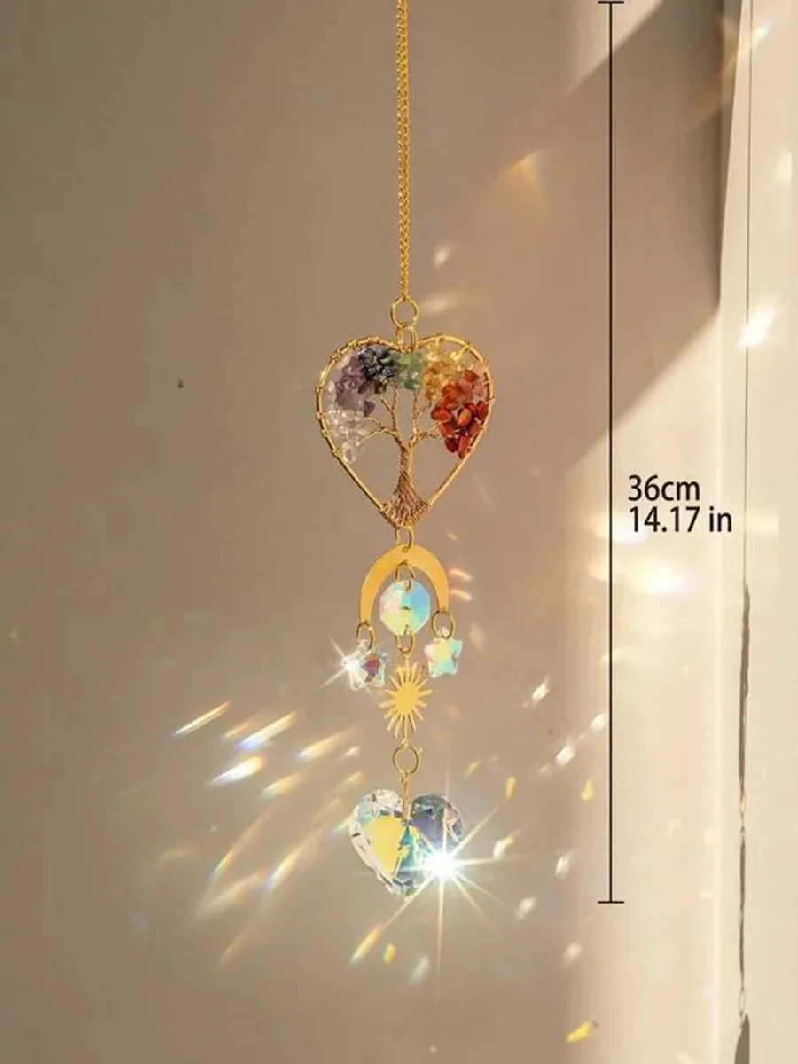 Suncatcher Crystal Life Tree Hanging Decor Stained Glass Moon Chakra Rainbow Maker Light Catcher For Garden Outdoor Decoration