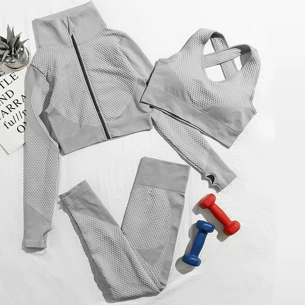 Yoga Set Gym Workout Set Yoga Pants Set Fitness Set Sports Set Sportswear Set 2/3 Pieces Yoga Set Bar High-Waisted Tight Pants Gym Exercise Clothing Suitable Sportswear For Women Zipper Jacket Leggings Suit