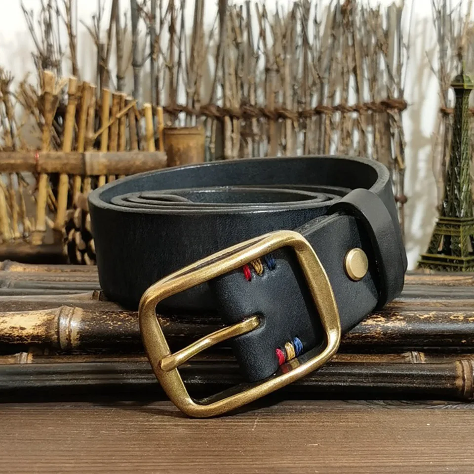 3.8cm Wide Cowhide Copper Buckle Belt For Men With Thickened Leather Needle Buckle Waist Seal New American Casual Business Belt