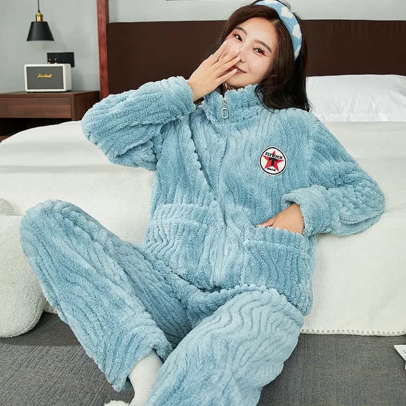 2024 New Flannel Pajamas Women's Autumn Winter Loungewear Thick Fleece Sleepwear Coral Fleece Couple Cardigan Men Homewear Set