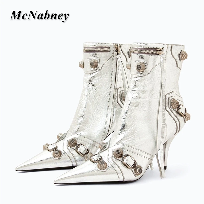 

Autumn Leather Metallic Clasp Boots High Heels Pointed Toe Metal Rivet Buckle Mid-Calf Boots Sexy Zipper Plus Size Women's Shoes