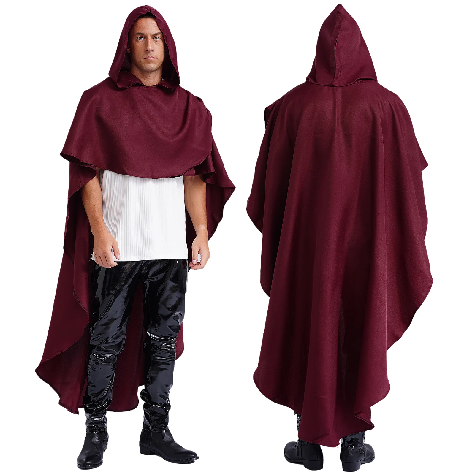 thumbnail image 1 of Capa con capucha de caballero Medieval para Halloween para hombre, abrigo con dobladillo alto y bajo, Jersey fruncido, capa, disfraz gótico renacentista de mago vampiro, 1 of 5