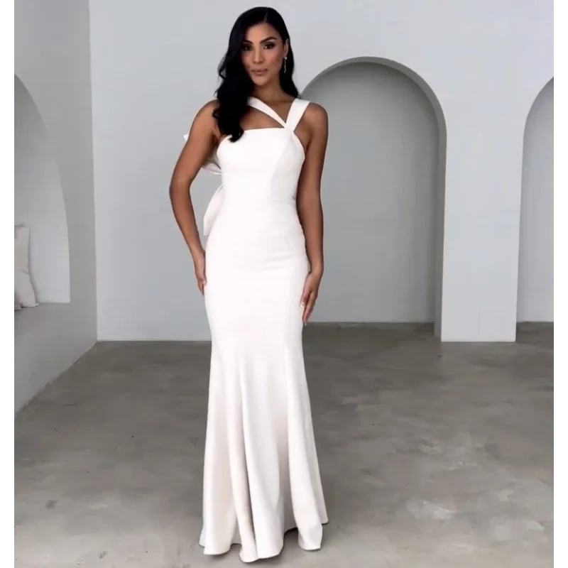 

Bridesmaid Dresses Bow Sleeveless Floor Length Stretchy Material Mermaid Wedding Party Bridesmaid Gowns With Lace Up Back