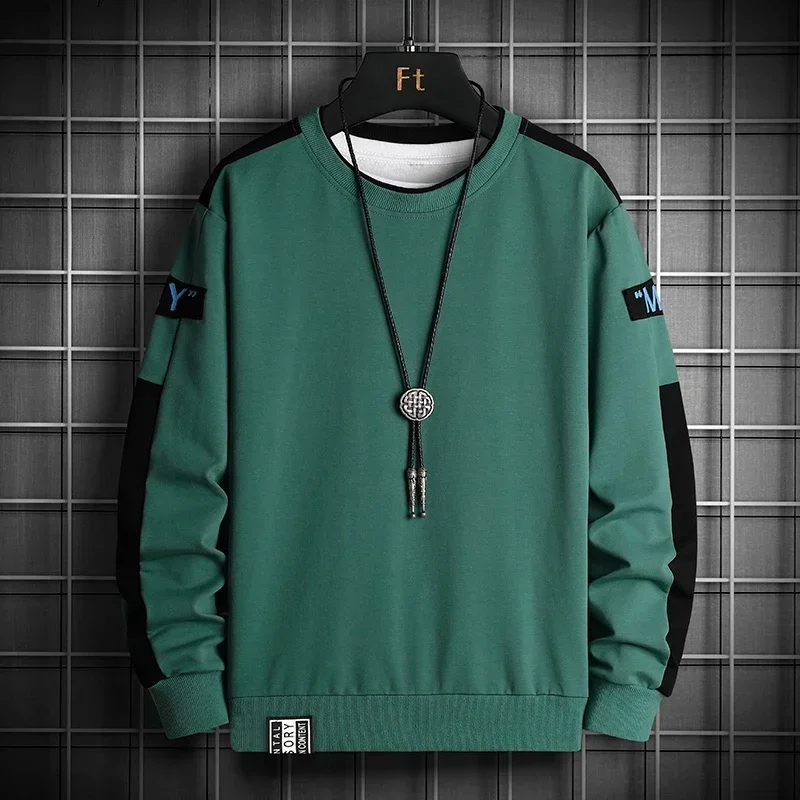 Mens Patchwork Sweatshirt Autumn Streetwear Hip Hop Hoodies Jogger Yellow Pullover Long Sleeve