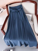 Nouvelles robes couleur unie jupes trapèze pour femme vêtements taille haute élastique jupe longue femmes avec nœud jupes élégantes pour femmes 2