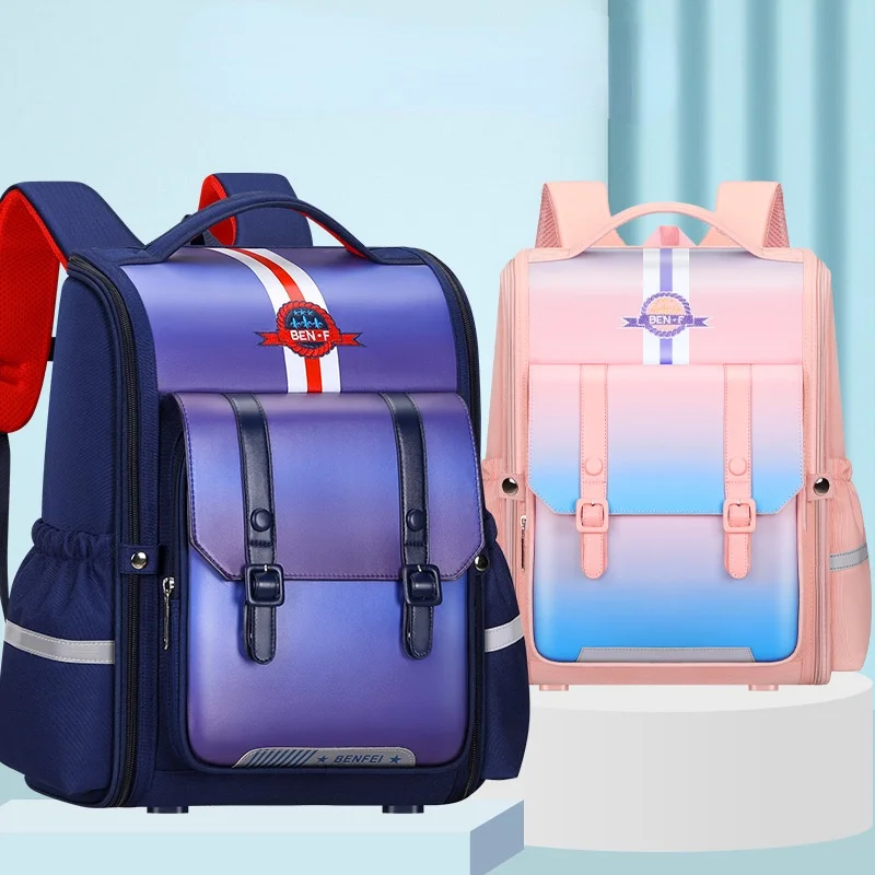 Grade 1-6 Children Fashion British Style Large Capacity Backpacks New Primary Girl Boy PU Waterproof Simple Schoolbags with Belt