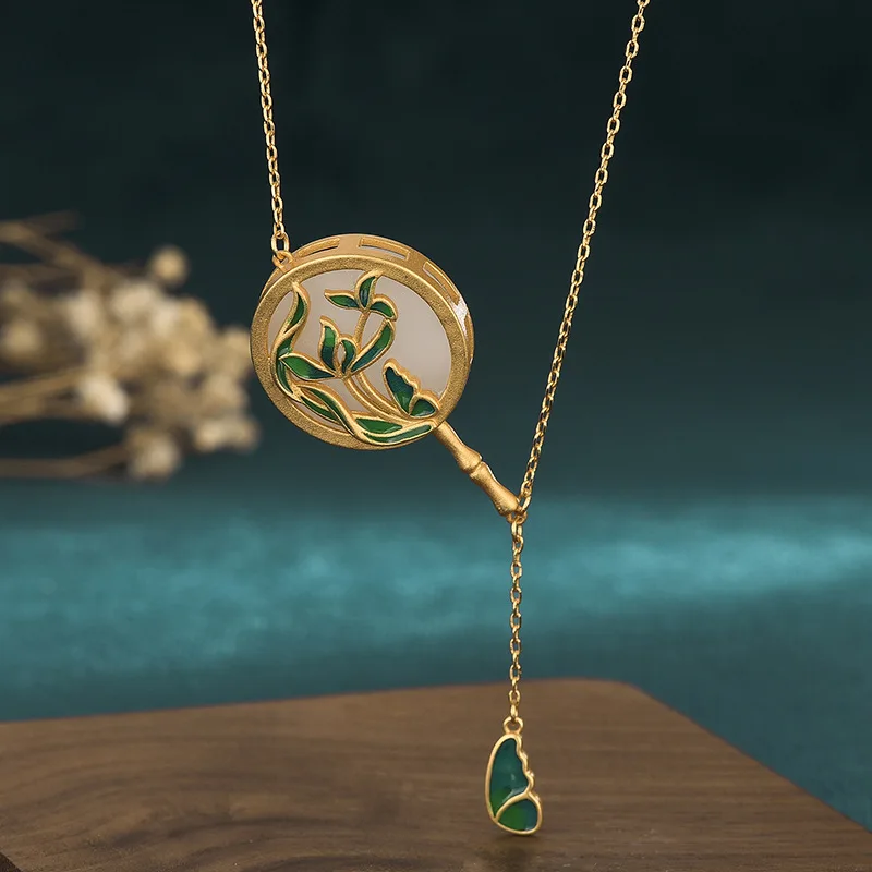 

China Style Hanfu Jewelry Accessories Necklace Enamel Painted Ancient Gold-Plated Inlaid Hetian Jade Palace Fan Necklaces Women