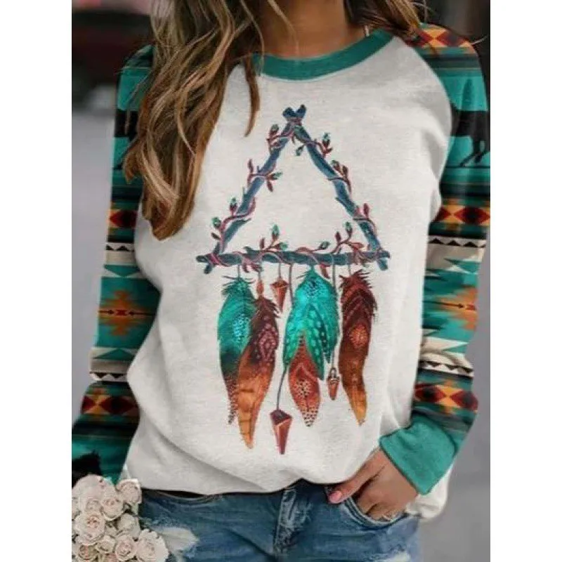 

3d Printed Vintage Long Sleeves Crew Neck Pullover Traf Autumn Winter Loose Tees for Women Ladies Sweatshirt Hoodie Blouse Mujer