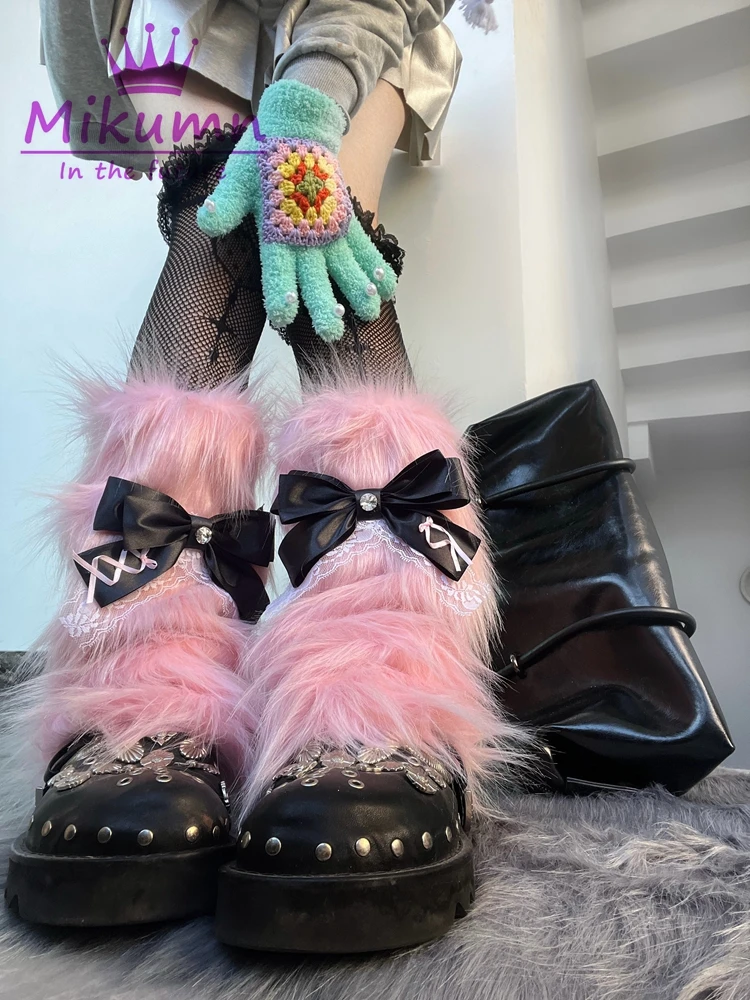Harajuku Sweet Pink Bow Lace Faux Fur Leg Warmers Boot Cover Y2k Punk Girls Japanese Kawaii Streetwear Chic Leg Warm Socks