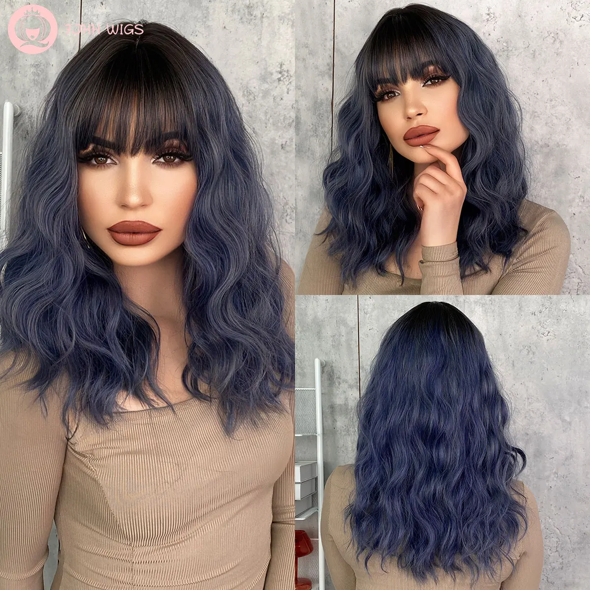 

7JHH WIGS Blue Wigs for Women Ombre Dark Blue Wavy Wig with Bangs Colorful Synthetic Curly Hair for Daily Party Cosplay 20 Inch