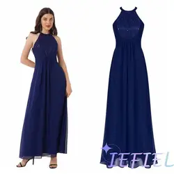 Lady Wedding Bridesmaid Formal Prom Evening Party New Year Ball Gown Lace Patchwork Chiffon Long Halter Dress Pleated High Waist