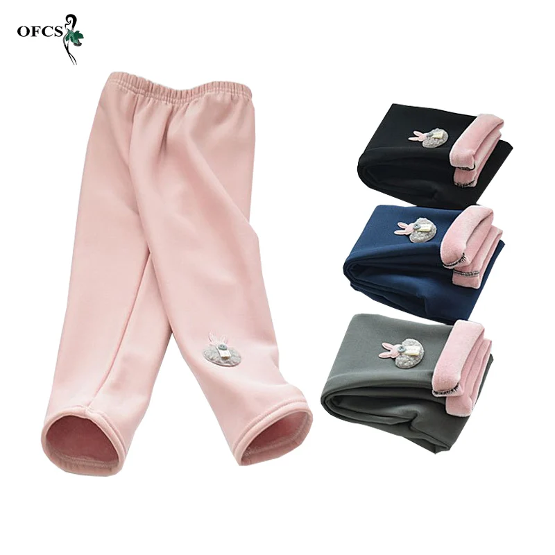 

Winter Hot Selling Children Pants Plus Velvet Thickening Rabbit Embroidery Kids Trousers Girls Elastic Waist Cotton Soft Legging