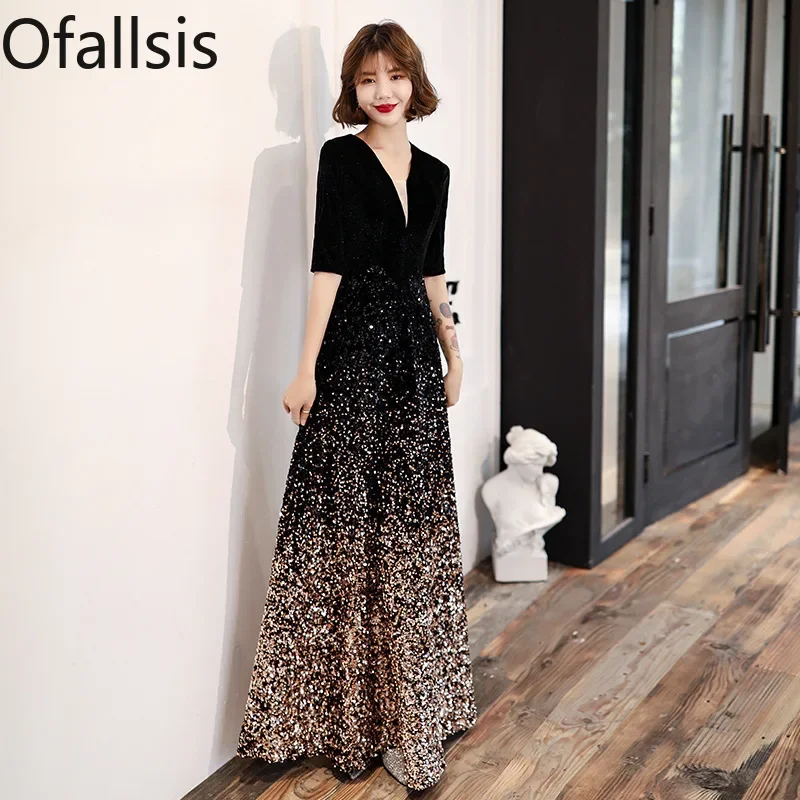 

Ofallsis Black V neck Sequins Evening Dress Women's 2023 Winter Elegant Vintage Annual Meeting Sexy Mid Sleeve Bright Dresses