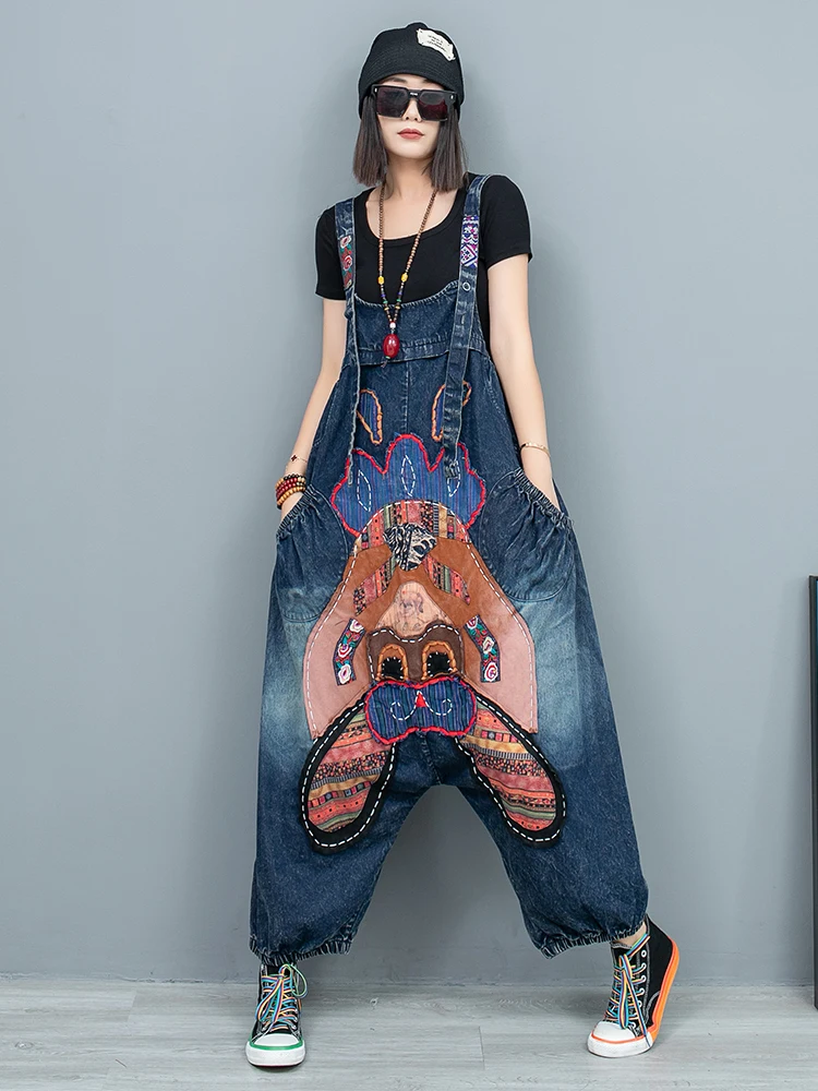 

Women's Summer Embroidered Appliqué Ankle-length Pants Denim Overalls Loose High-waisted Oversized Washed Straight Leg Jumpsuit