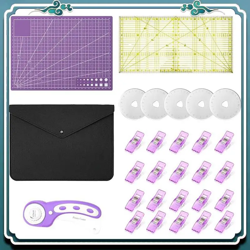 Rotary Cutter Set, 45Mm Rotary Cutter Tool Kit, Purple Cutter, Sewing Mat, Quilting Ruler And Sewing Clips Durable