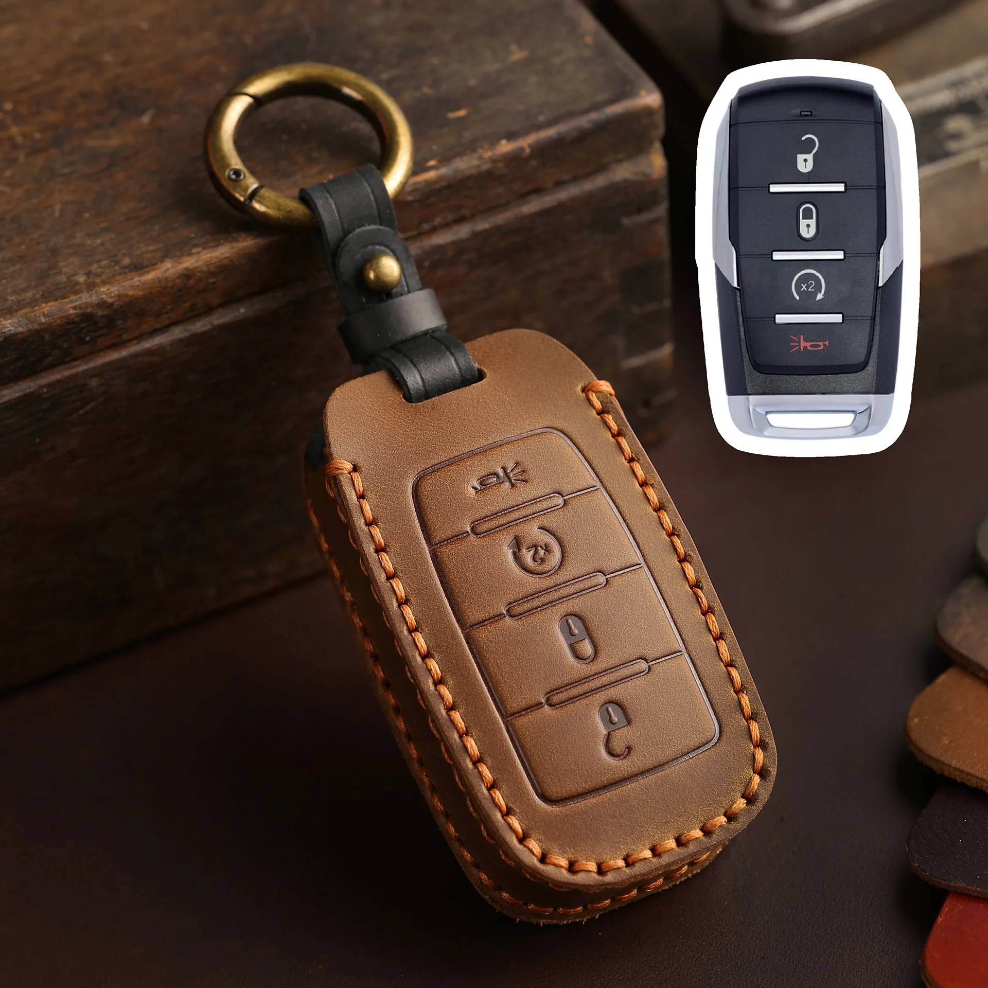 

Crazy Horse Leather Car Key Case Cover for GMC Dodge RAM 1500 2500 3500 4500 5500 Pickup 2019 2020 2021 2022