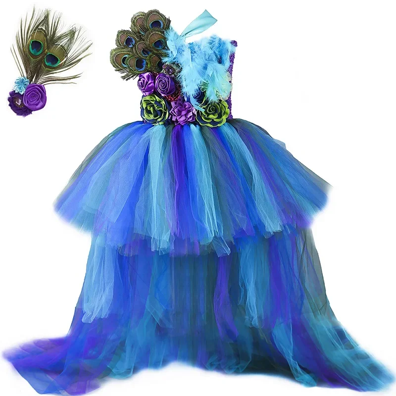 thumbnail image 1 of Vestido de tul con tutú de pavo real para niñas, vestido de princesa con cola larga y plumas de flores, vestido de fiesta de Halloween para niños, 1 of 5