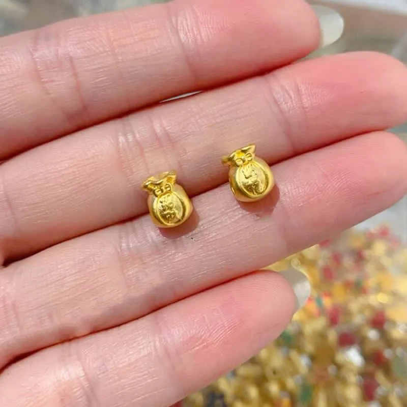 

New 999 24K Yellow Gold Beads 3D Gold Fu Bags Beads Bring Lucky 1pcs