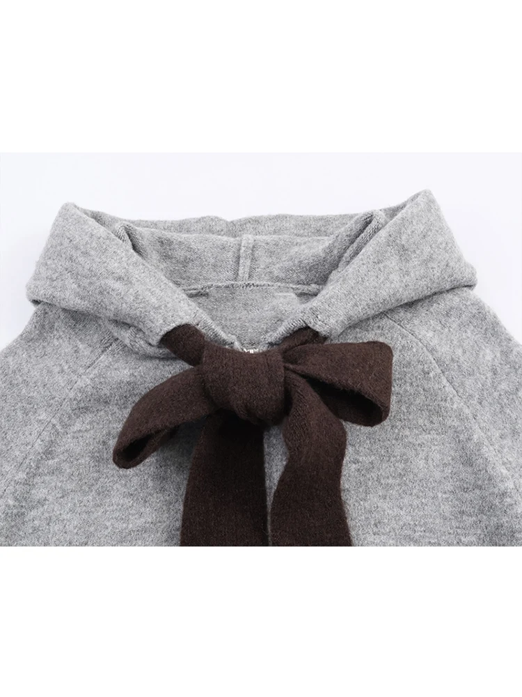 Winter Fashion Women Zipper Hooded Knitted Cardigan Solid Long Sleeved Sweater Chic Bow Decoration Sweet Ladies Knitwear New