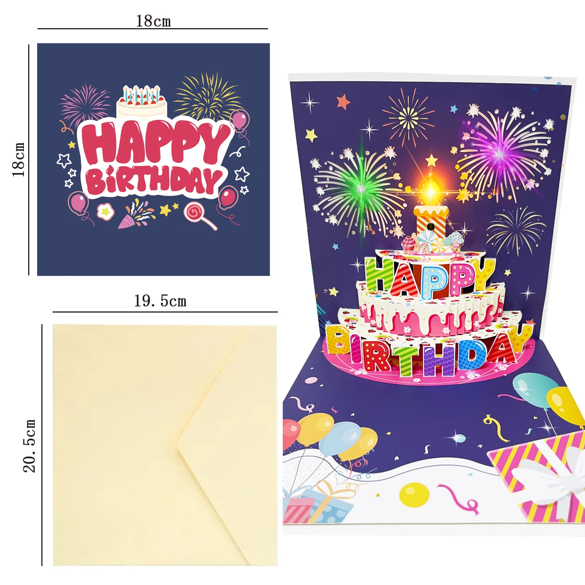 LED 촛불 및 불꽃 놀이가 있는 3D 팝업 생일 카드-누구나 생일 축하 인사 뮤지컬
