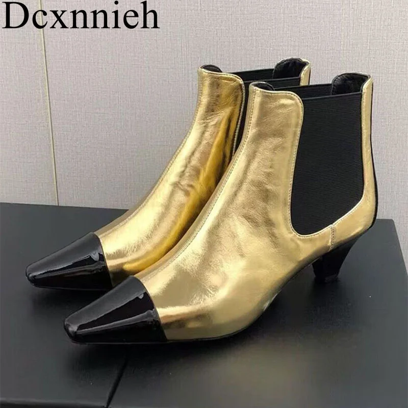 

Pointed Toe Low-Heels Ankle Boots Women's Genuine Leather Short Boots Autumn Winter Shoes Elastic Band Color Match Single Botas
