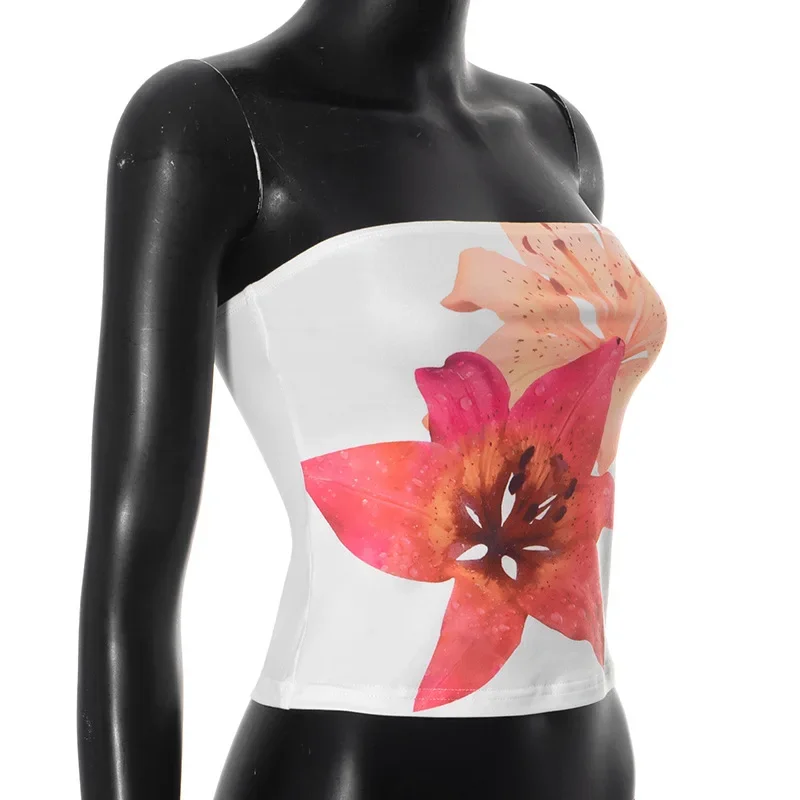 Top sexy con estampado floral, corto, sin tirantes, de una pieza, sin mangas, ajustado, de moda, para mujer, top informal sin cuello, sujetador Y2k