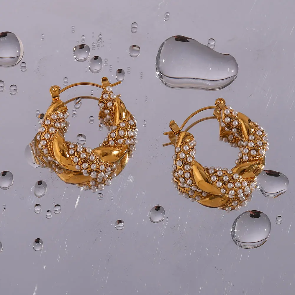 E.B.belle Crystal Paved Twisted Rope Style Rhinestone Hoop Earrings For Women Stainless Steel Chunky Statement Hoop Earring