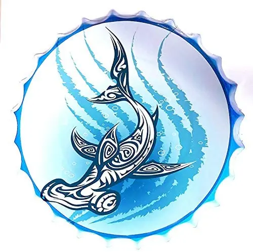 

Retro Sign Cartoon Shark Bottle Caps Retro Metal Tin Sign Diameter 13.8 Inches - Home Decor Bar Plaque Lounge Man Cave