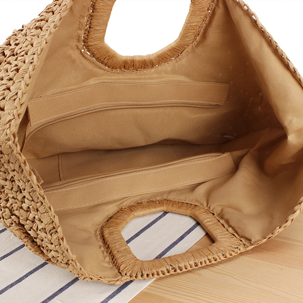 Women Handmade Straw Tote Bag Large Capacity Half-Moon Straw Handbag Solid Color Simple Weaving Wrist Bag Female Daily Bag