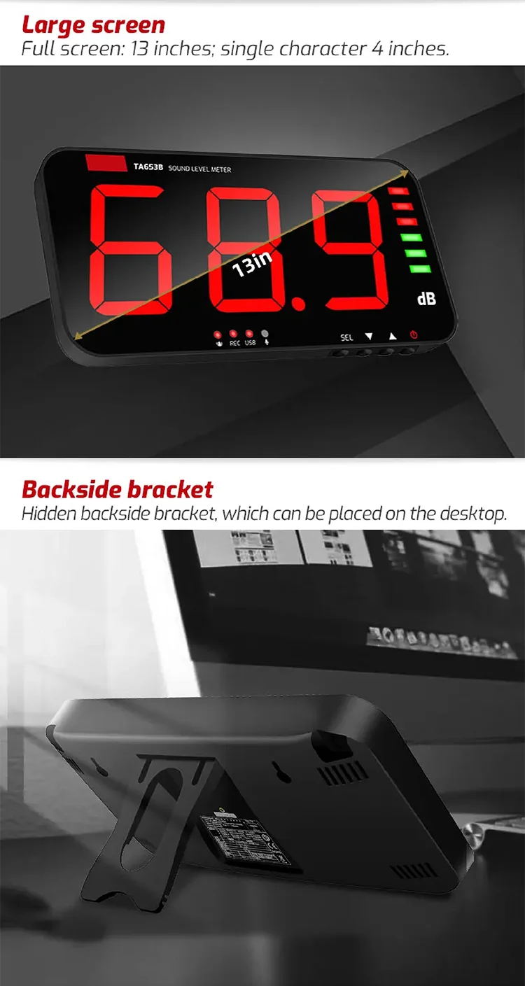 TA653/654 LED Sound Level Meter Wall Mount Noise Detector with Alarm Large Displ