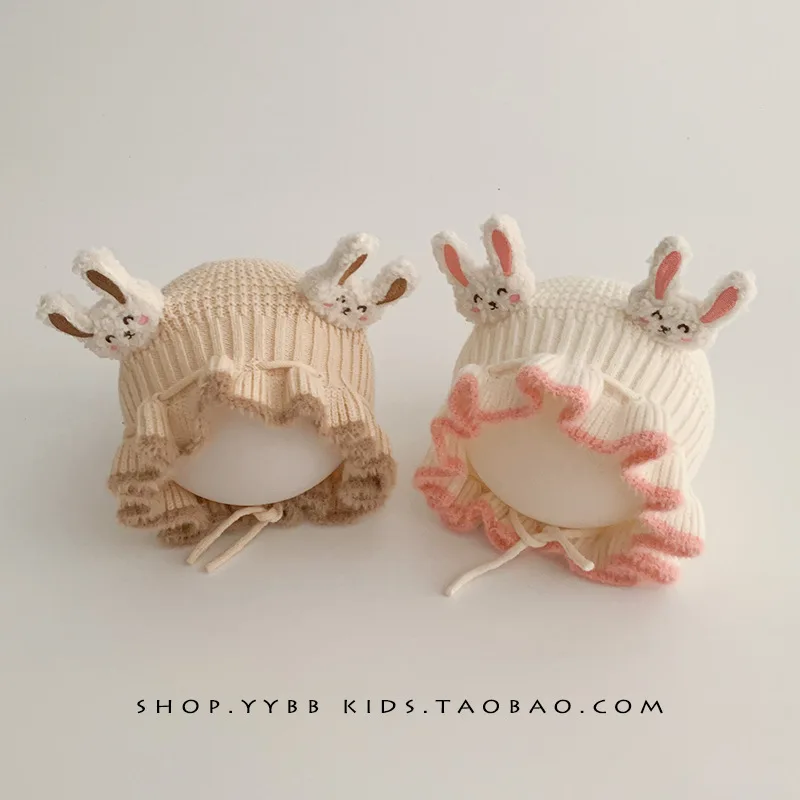 

Kid's Beanie 44-48cm Children Baby Hat Autumn Winter Lace Windproof Princess Hats Girls Baby Cute Wool Knit Cap Free Shipping