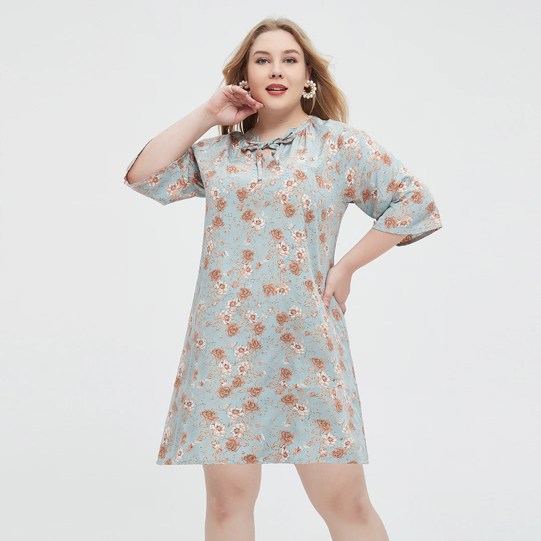MuGen Plus Size Dress Half -Sleeves Flower Printing Casual Fashion Dresses Loose Dress  Fashion Casual 2024 New Over Size Dress