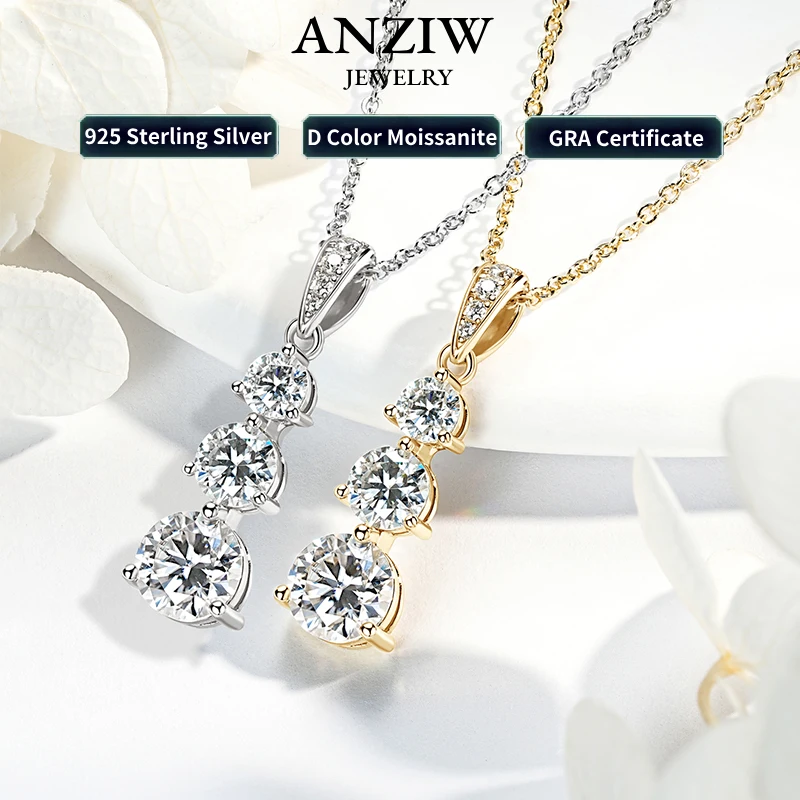 925SilverD185CTMoissaniteNecklaceCertifiedGradualThreeStone