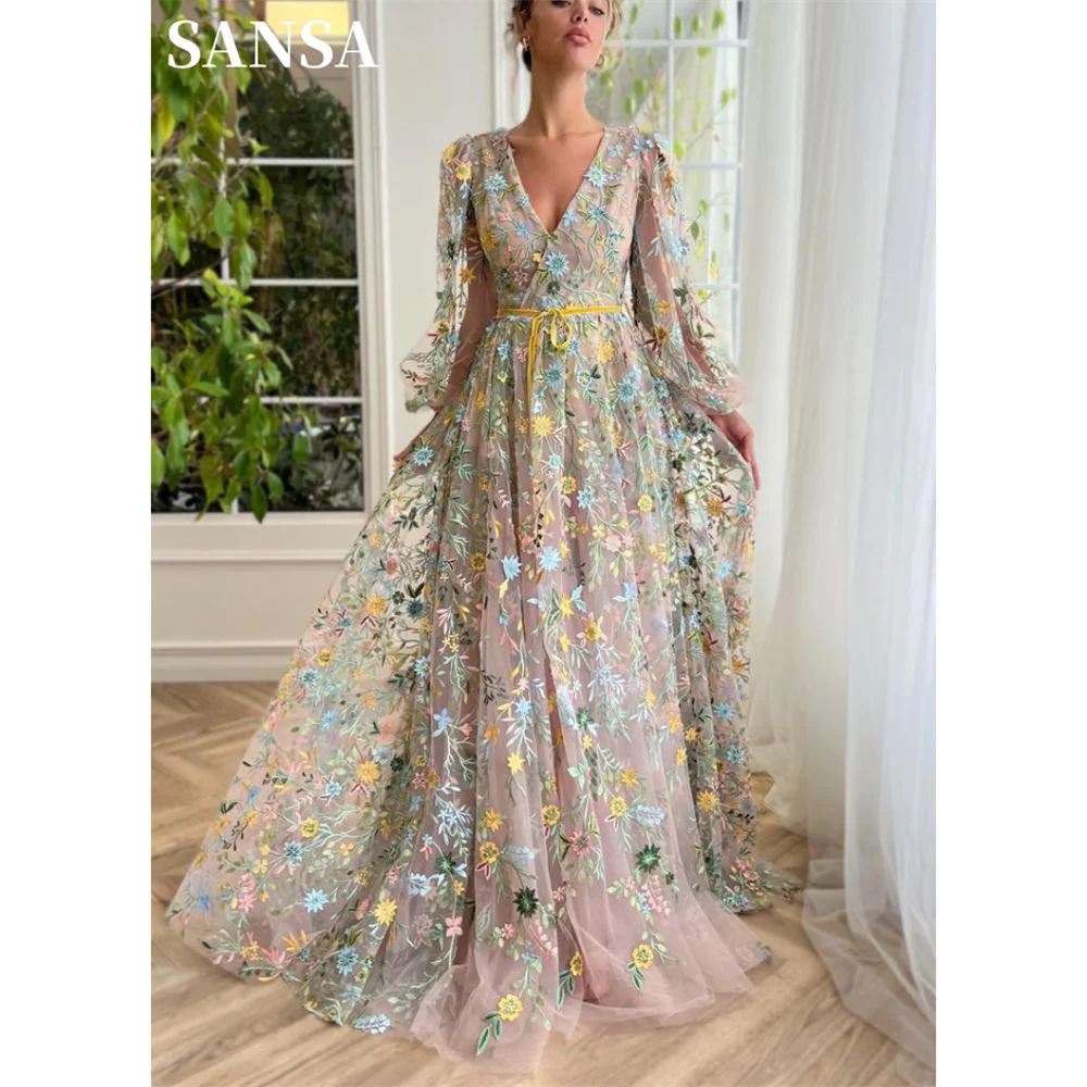 

Sansa Spirit Flower Lace Vestidos De Noche Princess Puffy Sleeve A-line فساتين السهرة Sweet V-neck Spring Prom Dresses