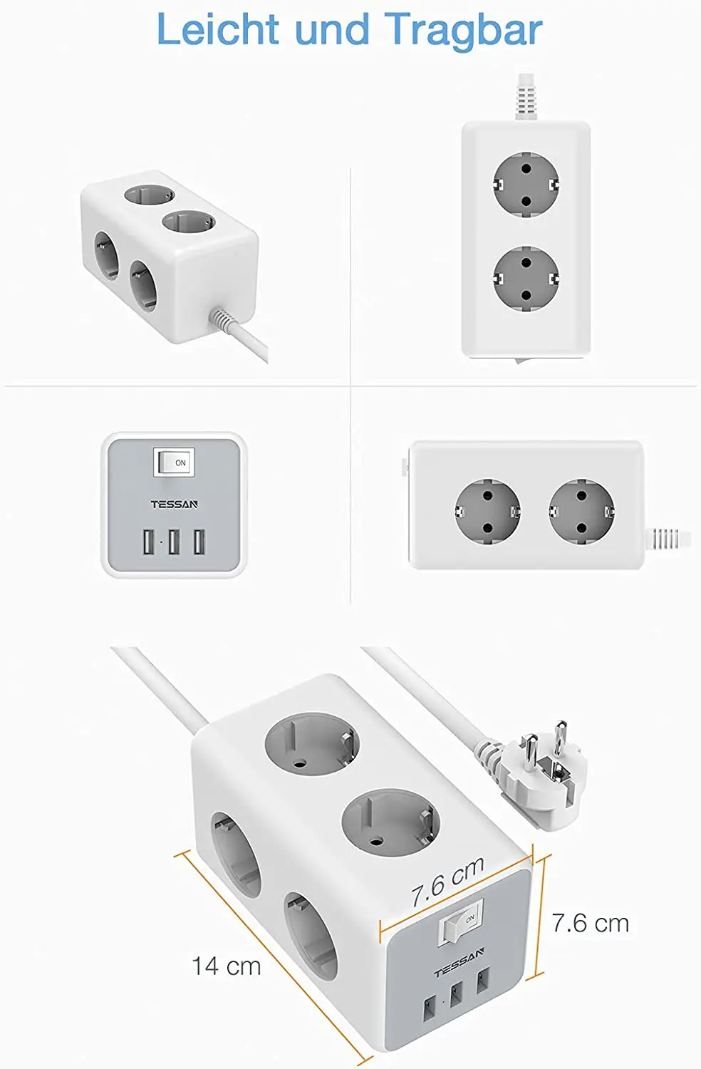 Regletas Enchufes Con 3 Metros, NTONPOWER Regleta De Enchufes Para Montaje  En Pared, Regleta De 5 Tomas Y 2 Puertos USB, Regleta De Enchufes Con Prot