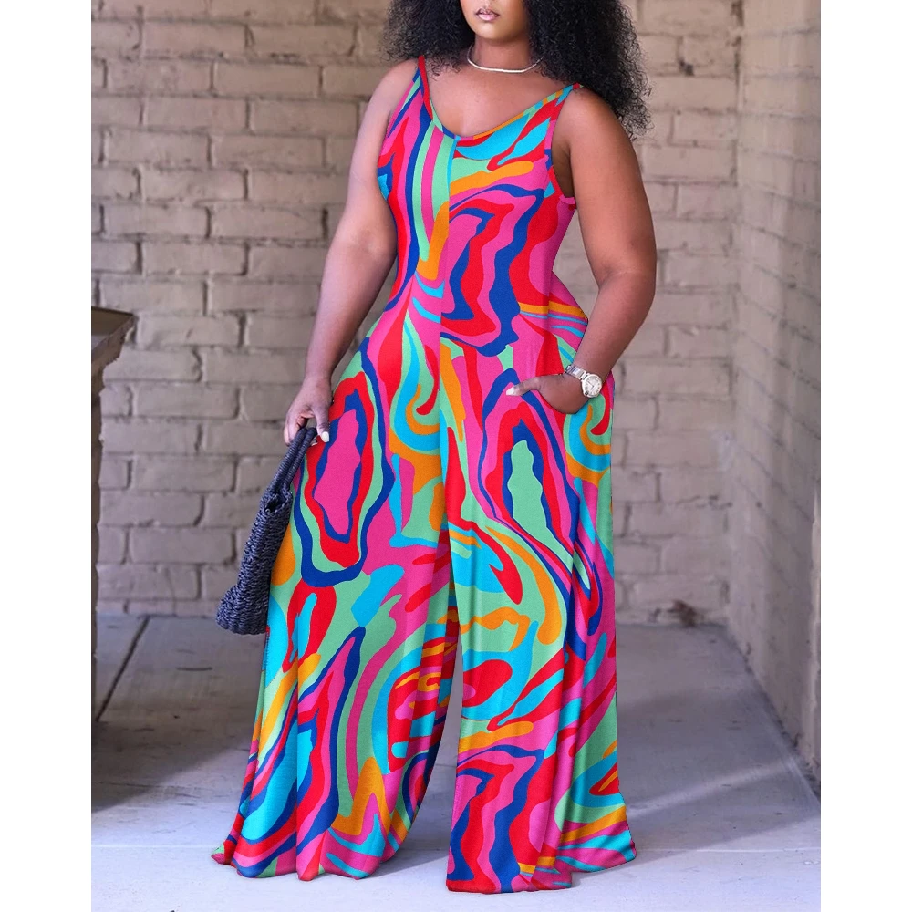 Korean Style Summer Women Abstract Print Spaghetti Strap Wide Leg Jumpsuit Round Neck Sleeveless Elegant New in Woman Clothes