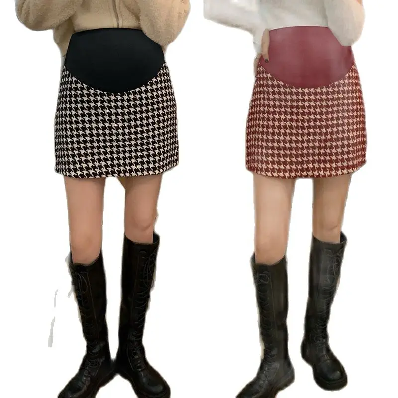 Pregnant Women Autumn Clothes Belly Skirts Vintage Plaid Maternity Empired Woolen Skirt Leopard Striped Pregnancy A-Line Skirts