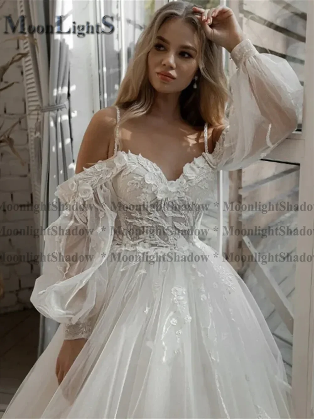 Moonlight Glitter Wedding Dresses Puff Sleeve Appliques Lace 3D Flower off Shoulder Tulle Bride Gown Customized vestidosdenovia
